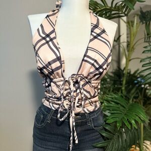 Beige halter top plaid design tied halter top| backless crop top